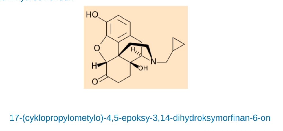 <p class="has-focus">półsyntetyczna pochodna epoksymorfinanu stosowana jako antidota </p><p class="has-focus">Naltrekson jest antagonistą receptorów opioidowych o okresie półtrwania dłuższym niż nalokson. </p><p>wykazuje silne działania antagonistyczne na receptory μ, nieco słabsze działanie na receptory κ </p>