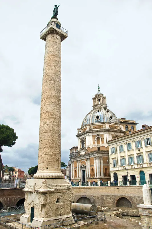 <p>-Commemorates military victory against the Dacians -Trajan&apos;s ashes are stored in the square base -Bronze sculpture of himself as a “heroic nude” -Eventually replaced by christian saint -Detail of spiral bands: 650 ft long of continuous narration -25% scenes of the spiral are of combat (150 scenes) -Did not want to detract from people -the backgrounds were used to show different scenes</p>
