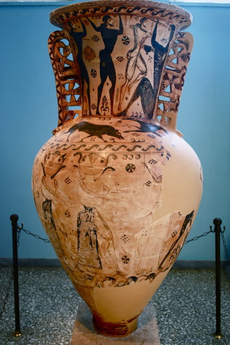 <p>Painted ceramic vessel from the Late Geometric / Orientalizing period (ca. 670 BCE) that depicts scenes from Greek mythology, including Odysseus &amp; Polyphemus and Perseus &amp; Medusa.</p>