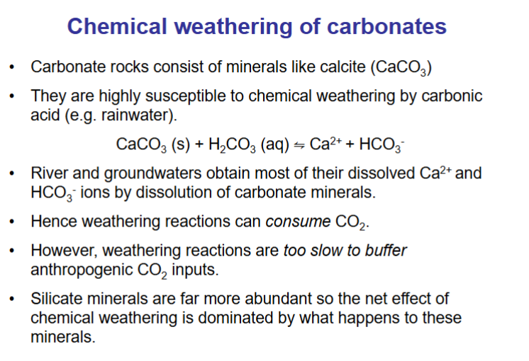 <p>Weathering by carbonic acid. Consumes CO2</p>