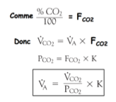 <p><span>PCO₂ = FCO₂ × constante</span><br><span>→ </span><strong>Ventilation alvéolaire = (Volume CO₂ / PCO₂ )× constante</strong></p>