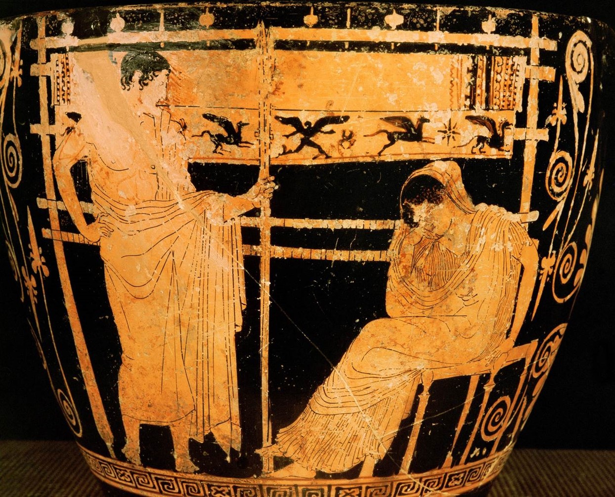 <p>Penelope Painter: Attic red-figure skyphos - <em>Telemachos’ departure from Penelope</em>, Greek, c. 440-435 BCE</p>