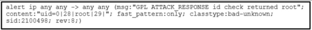 <p>Refer to the exhibit. A security analyst is reviewing an alert message generated by Snort. What does the number 2100498 in the message indicate?<br>the id of the user that triggers the alert<br>the message length in bits<br>the Snort rule that is triggered<br>the session number of the message</p>