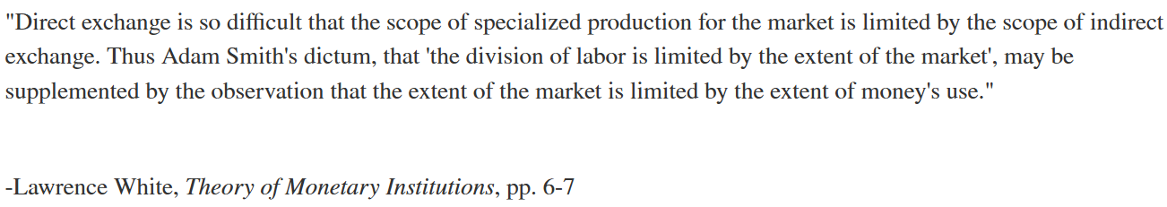 <p>What point about the relationship between money and international trade is the author trying to convey in this passage?</p>