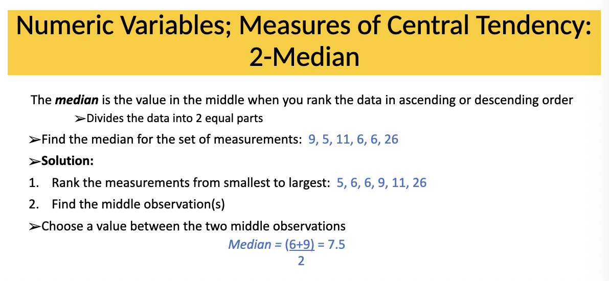 The median is the value in the middle when you rank the data in ascending or descending order
- divides the data into 2 equal parts 