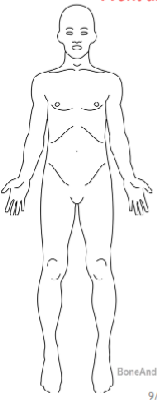 <p>Standing straight, legs paralell, palms and feet facing forwards</p>