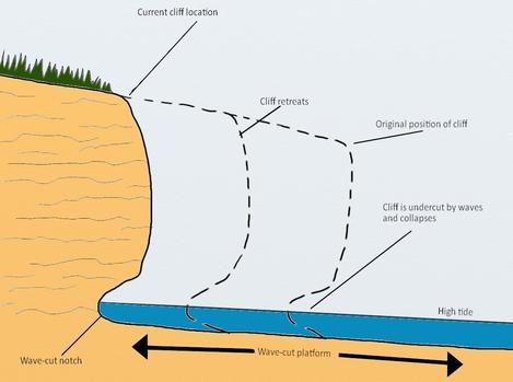 <p>On cliff coast, waves hit base, eroding it into a wave-cut notch. Cliff eventually falls and retreats over time.</p>