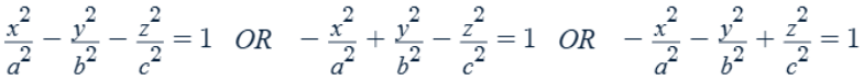 <ul><li><p>The variable with a positive coefficient is the axis of symmetry.</p></li><li><p>Traces along the axis of symmetry are ellipses. Traces along the other two axes are hyperbolas.</p></li></ul><p></p>