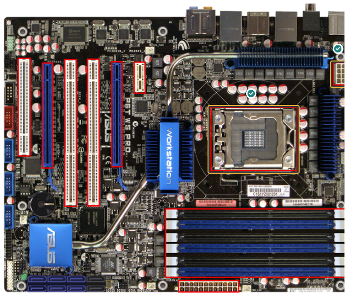 <p>Consider the connectors that are highlighted on the motherboard diagram.</p><p>Select the CPU socket and the CPU power connector.</p>