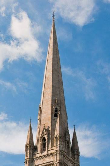 <p><span>A tall, slender, pointed structure on top of a church tower, intended to symbolize reaching toward heaven.</span></p>
