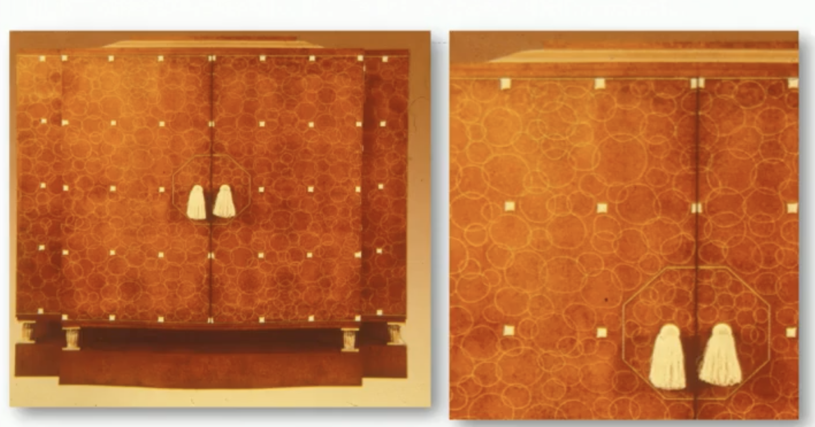 <p>Veneering with exotic (exotic wood = prosperity) woods </p><p>They do this because they don’t want to make all the furniture out of expense wood</p><p>-applying thin sheets of exotic wood with glue</p><p>-over pine or oak base cabinet </p><p>-can get curves </p><p>-used ivory, ebony, shagreen, parchment, lacquer <span style="font-size: unset; color: unset"></span> Exotic wood, ivory = prosperity. </p><p>Decorative language = geometrical. Overlapping circles = plentitude</p>