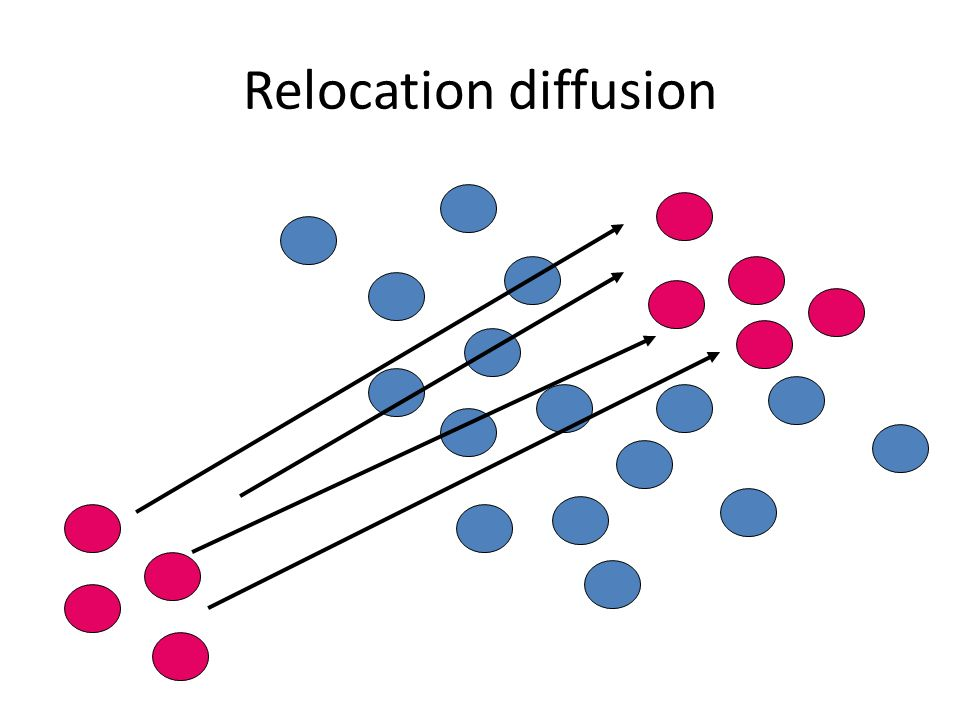 <p>pattern begins at a point of origin and then crosses a significant physical barrier (ocean, desert, etc.) and then relocates on the other side</p><p>the journey often influences the item being spread</p>