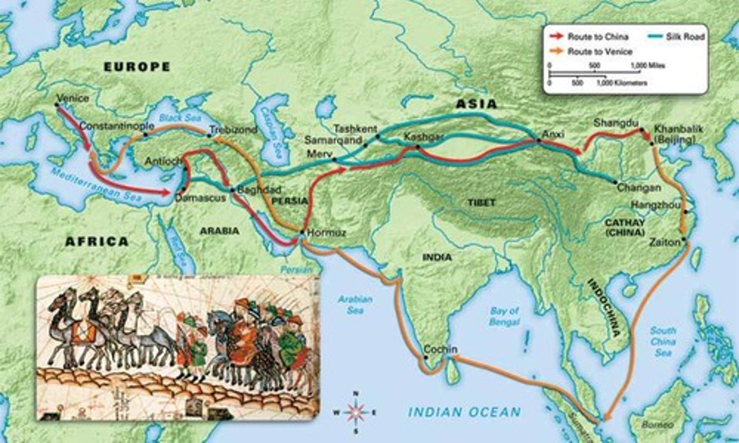 <p>The world became connected through TRADE, aided by improvements in infrastructure, boats, monetary systems. Trade routes promoted intercultural interaction and enabled the spreading of culture, religion, languages, and disease (along with goods)</p>