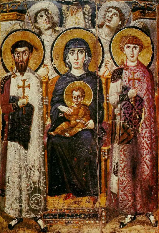 <p>Virgin (Theotokos) and Child between Saints Theodore and George</p>