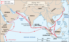 <p>(1371-1433?) Chinese Ming Dynasty naval explorer who sailed along most of the coast of Asia, Japan, and half way down the east coast of Africa before his death; facilitated China&apos;s role in the tribute system in the Indian Ocean trade network</p>