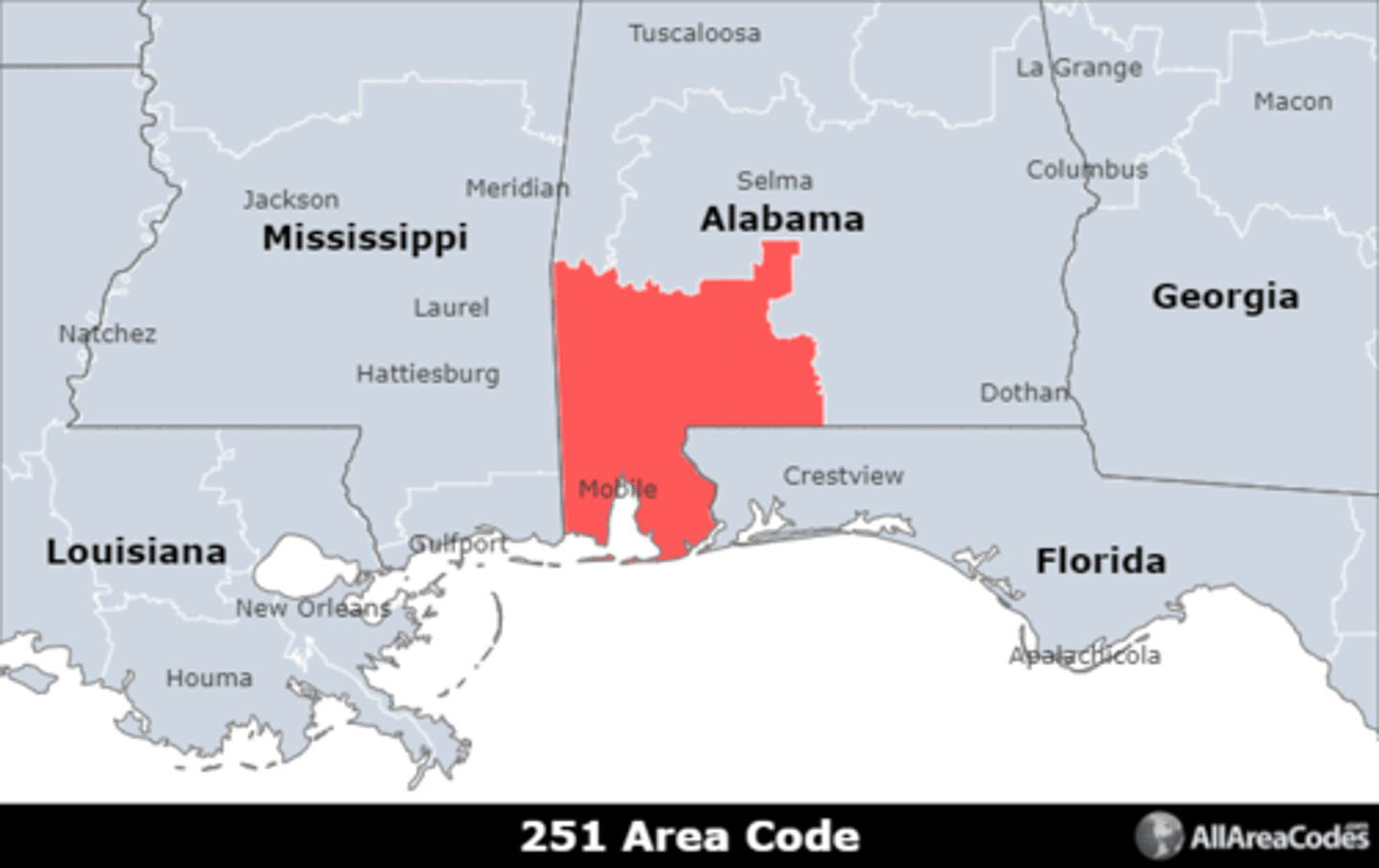 <p>Area code 251 is located in southeastern Alabama and covers Mobile, Prichard, and Daphne. It is the only area code that serves the area.</p>