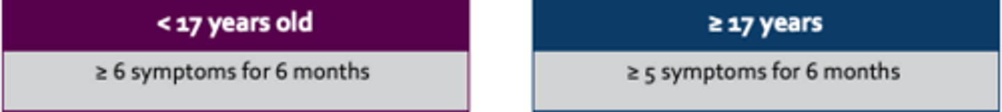 <p>A persistent pattern of inattention and/or hyperactivity-impulsivity that interferes with functioning or development</p><p>•Onset of sx presents < 12 y/o</p><p>• Sx present at 2+ settings</p><p>• The disturbance causes significant impairment in social, occupational, and academic functioning.</p><p>• The disorder is not accounted for by any other behavior disorder</p><p>< 17 years old = ≥ 6 symptoms for 6 months</p><p>≥ 17 years = ≥ 5 symptoms for 6 months</p>
