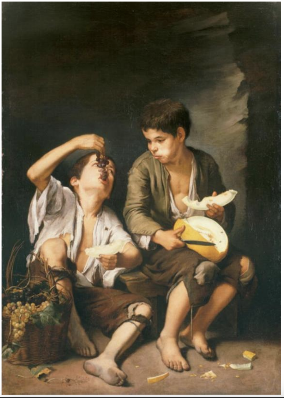 <ul><li><p><span><strong>Key Features</strong>:<br><br></span></p><ul><li><p><span>Depicts two young boys eating fruit, an example of Murillo's skill in portraying everyday life.<br><br></span></p></li><li><p><span>Soft, gentle use of light and color.<br><br></span></p></li><li><p><span>The painting gives a sense of innocence and joy.<br><br></span></p></li></ul></li></ul><p><span><strong>Memorable Fact</strong>: Murillo is known for his depictions of children and domestic scenes with a tender, light touch.<br></span></p>