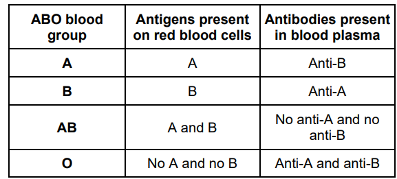<p>There are four main blood groups in the human ABO blood group system. The table below shows the basis on which each of these blood groups is classified.  </p><p>A transfusion of blood from a blood group A donor to a blood group B recipient would cause agglutination of the donated red blood cells. Use information in the table above to explain why. (2) </p>