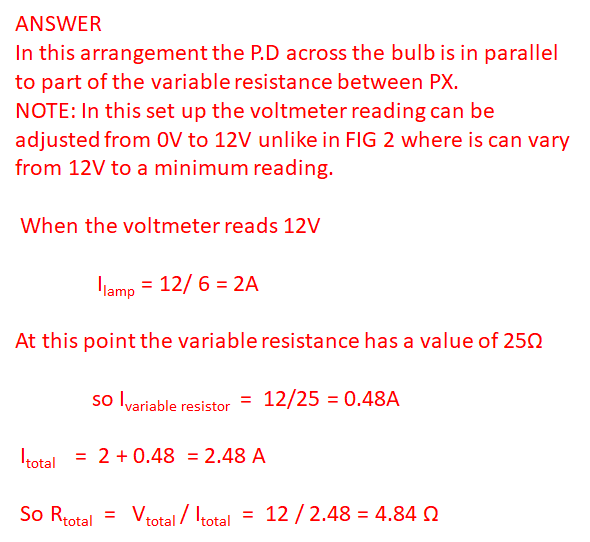 <p><strong><span>EXAMINAR REPORT</span></strong></p><p><span>32% of students were able to score both marks. Many students failed to appreciate that the lamp and resistor were in parallel and simply determined the current in the lamp and quoted the total resistance as the lamp’s resistance.</span></p>