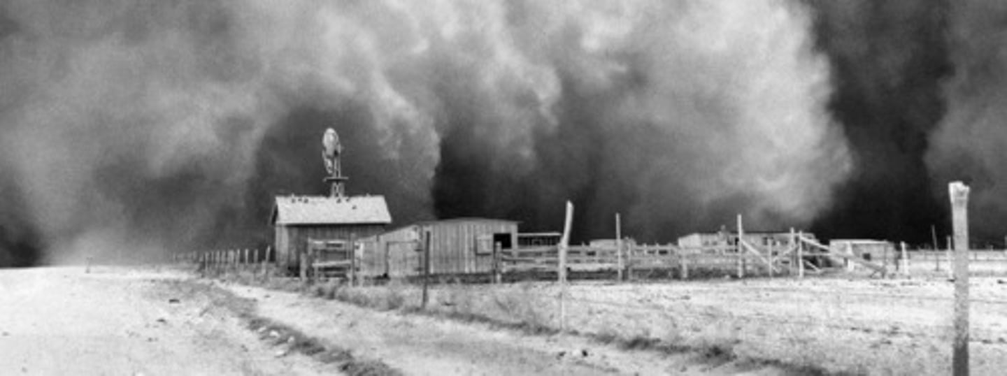 <p>1930s; Inadequate conservation techniques caused topsoil to be blown away in great dust storms; deaths from blackened skies that led to lung disease and failed crops</p>