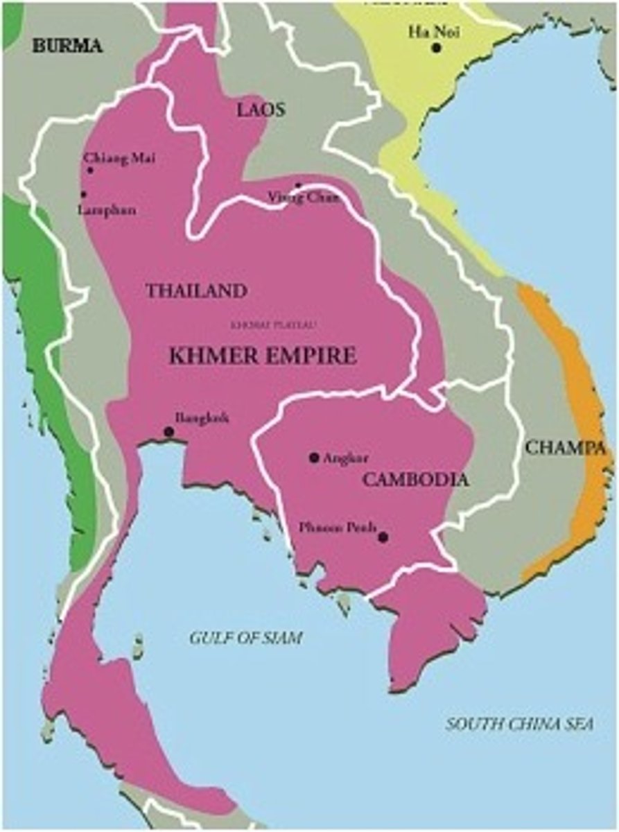 <p>A powerful empire in Southeast Asia (modern-day Cambodia, Laos, Thailand) that became predominantly Hindu through the Indian Ocean Trade network (through trader, Hindu beliefs were carried to Southeast Asia). They were skilled as architecture, a prosperous economy led by women. They eventually fell to the Thais in 1431 (who migrated down because of Mongols in China).</p>