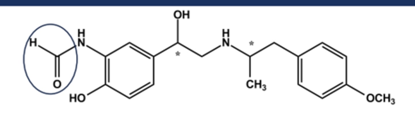 <p>- LABA (long-Acting Beta-2 agonist)</p><p>- LogP = 2.2; pKa = 9.2</p><p>- Two chiral centers; drug is a mix of R,R- and S,S-isomers but R,R has 1000x activity of S,S</p><p>- R,R-isomer has been marketed (Arformoterol), but no significant therapeutic benefit justifies the cost for most patients</p><p>- Use: asthma (not acute), COPD</p>