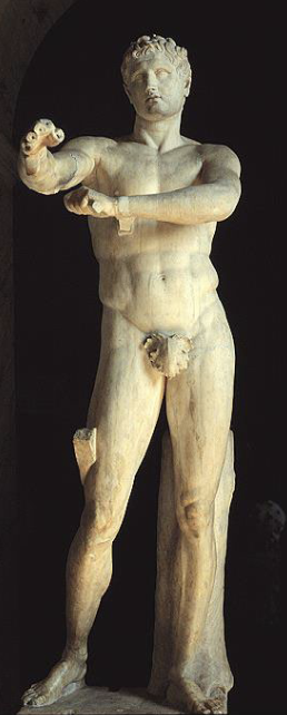 Lysippos<br />Apoxeomenos<br />Roman copy of Greek bronze<br />original 330-320 BCE<br />Vatican Museums, Rome