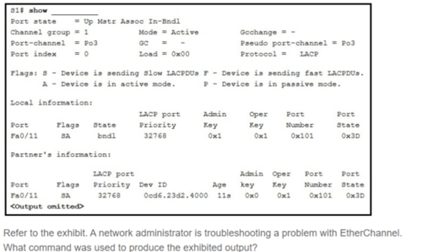 <p>Refer to the exhibit. A network administrator is troubleshooting a problem with EtherChannel. What command was used to produce the exhibited output?</p><p>show etherchannel Port-channel</p><p>show interfaces Port-channel11</p><p>show interfaces fastethernet 0/11 etherchannel</p><p>show etherchannel summary</p>