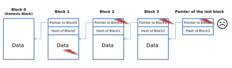 <ul><li><p><span>La clé de hachage contenue dans un pointeur de hachage est calculée sur </span><u><span>toutes les données du bloc précédent</span></u><span> (incluant le pointeur de hachage du bloc qui précède le bloc précédent).</span></p><p></p></li><li><p>Il est donc impossible <span>de trafiquer un bloc dans la chaine de blocs sans que les autres ne le sachent (car pour modifier un bloc, il faut modifier tous les blocs subséquents + le pointeur de hachage détenu par l’usager)</span></p></li></ul>