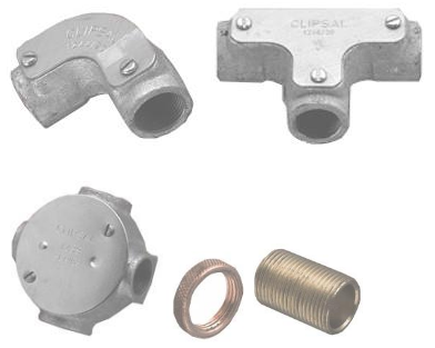 <p>Inspection elbow gal. cast iron, inspection tee gal. cast iron, 4-entry junction box, gal. cast iron, metal lock ring, nipple</p>
