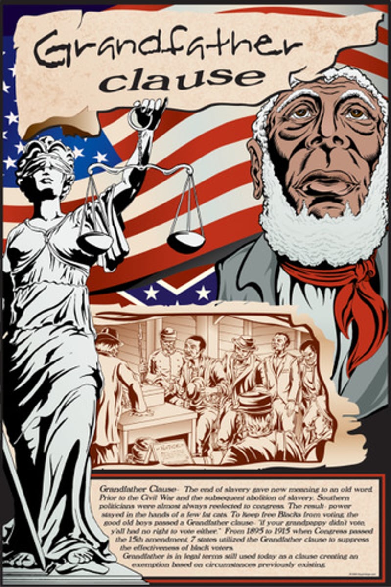 <p>Southern laws that excluded African Americans from voting by restricting the right to vote only to those whose grandfathers had voted before 1865</p>