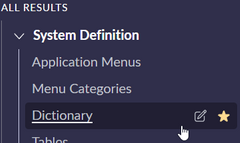 <p>All &gt; System Definition &gt; Dictionary.</p><p></p><p>This contains the definition for each and every table and field in the database</p>