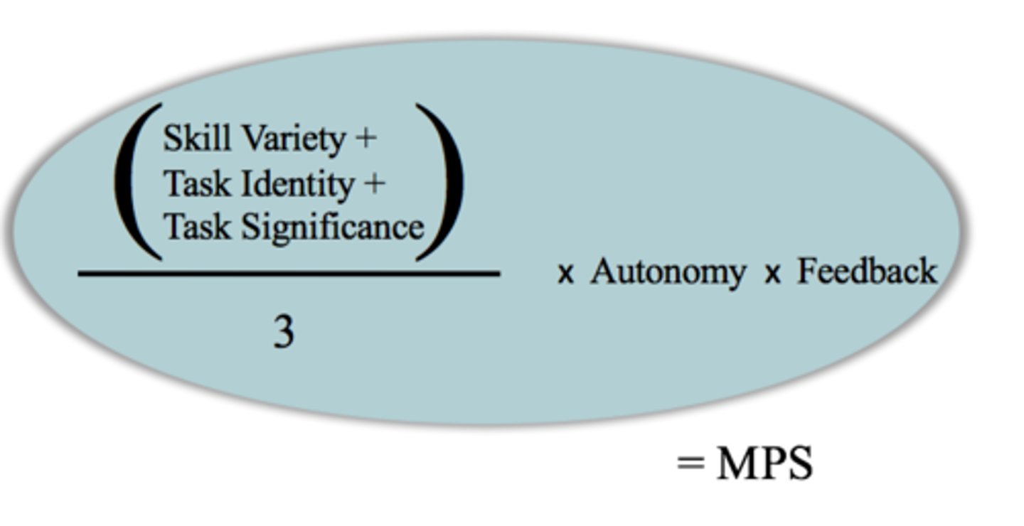 <p>motivating potential = (skill variety +task identity + task significance)/3 x Autonomy x feedback</p>