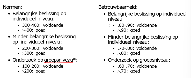 Obv doeleinden van test

Strengere richtlijnen voor individueel niveau dan groepsniveau

Strengere richtlijnen als je belangrijke beslissingen moet nemen