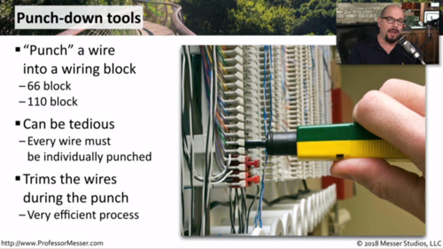 <p>• "Punch" a wire into a wiring block</p><p>- 66 block, 110 block, and others</p><p>• Can be tedious</p><p>- Every wire must</p><p>be individually punched</p><p>• Trims the wires during the punch</p><p>- Very efficient process</p>