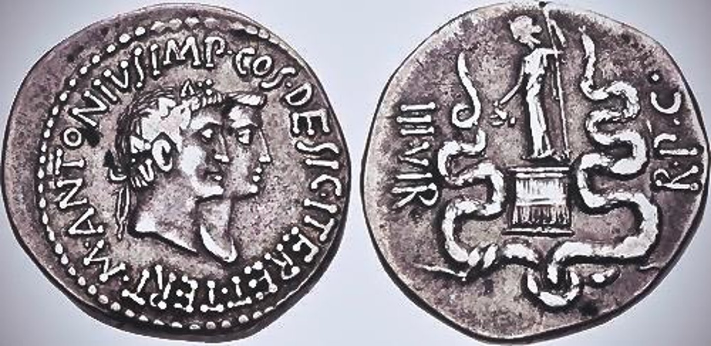 <p>- in currency only used in asia</p><p>- depicted as Dionysus, wears an ivy leaf crown, divine link, Imp title for military prestige</p><p>- Octavia depicted on reverse with 2 snakes, associated with the cult of Dionysus</p><p>- plutarch after 42 'people were calling him Dionysus</p><p>- beneficial link, no war, just peace and celebration, cult leader and position of power, snake link appeases egypt</p><p>- not beneficial, in Rome Dionysus linked to madness, instability and recklessness, not tailored to Rome</p>