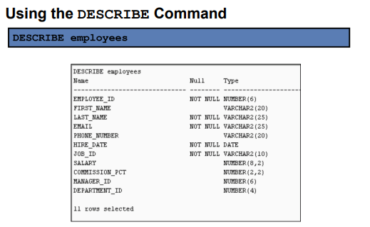 <p>DESCRIBE OR DESC</p>
