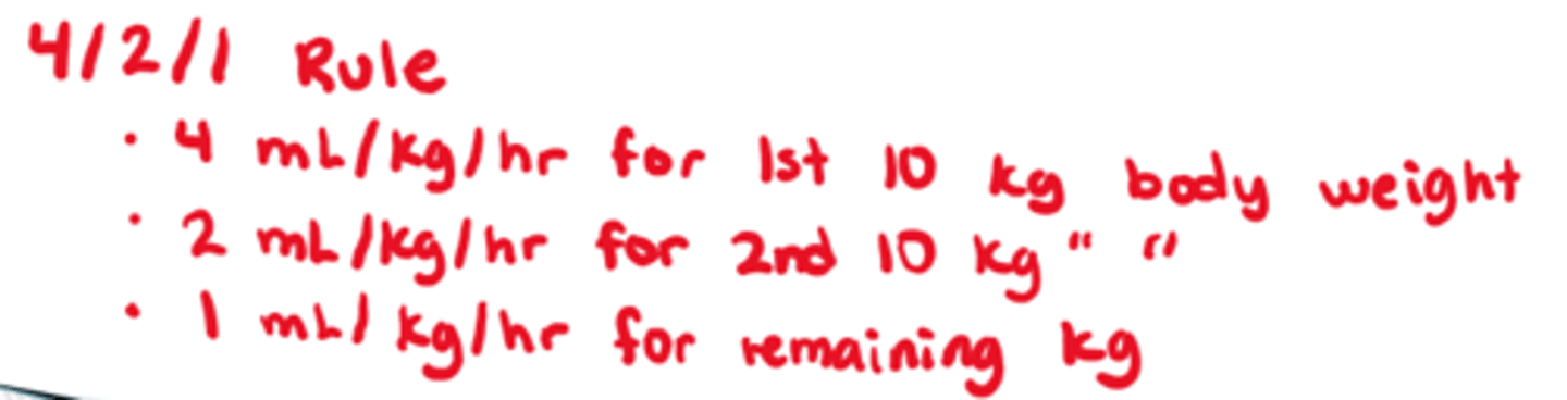 <p>- 4ml/kg/hr for 1st 10 kg of body weight</p><p>- 2ml/kg/hr for 2nd 10 kg of body weight</p><p>- 1 ml/kg/hr for the remaining kgs</p><p>(primarily used for peds calculations, can be used for all pts though)</p>