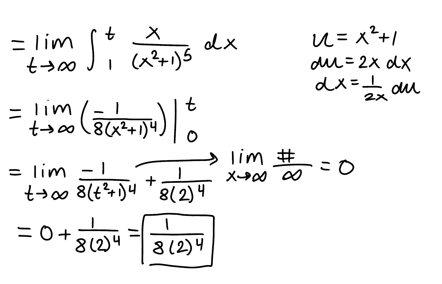 <ul><li><p>The integral is improper because one of the bounds is infinite</p></li><li><p>The integral converges because the limit is finite</p></li></ul><p></p>