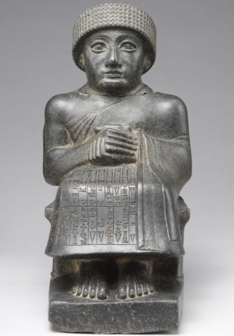 <ul><li><p>King of Lagush</p></li><li><p>Lap has histories earliest architectural plan; he is designing, paying, and gifting this to the gods</p></li><li><p>Sumerian&nbsp;</p></li><li><p>Diorite</p></li><li><p>clasped hands&nbsp;</p></li><li><p>cuneiform inscriptions&nbsp;</p></li></ul><p></p>