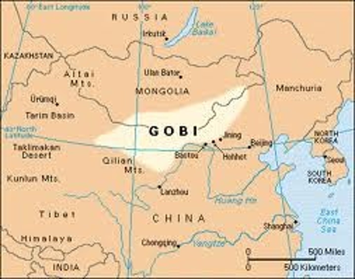<p>Asia's largest desert. Stretches across southern Mongolia and northern China.</p>