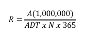<p>Where: <br>A = number of accidents during period of analysis <br>ADT = average daily traffic <br>N = time period in years <br>L = length of segment in mile</p>