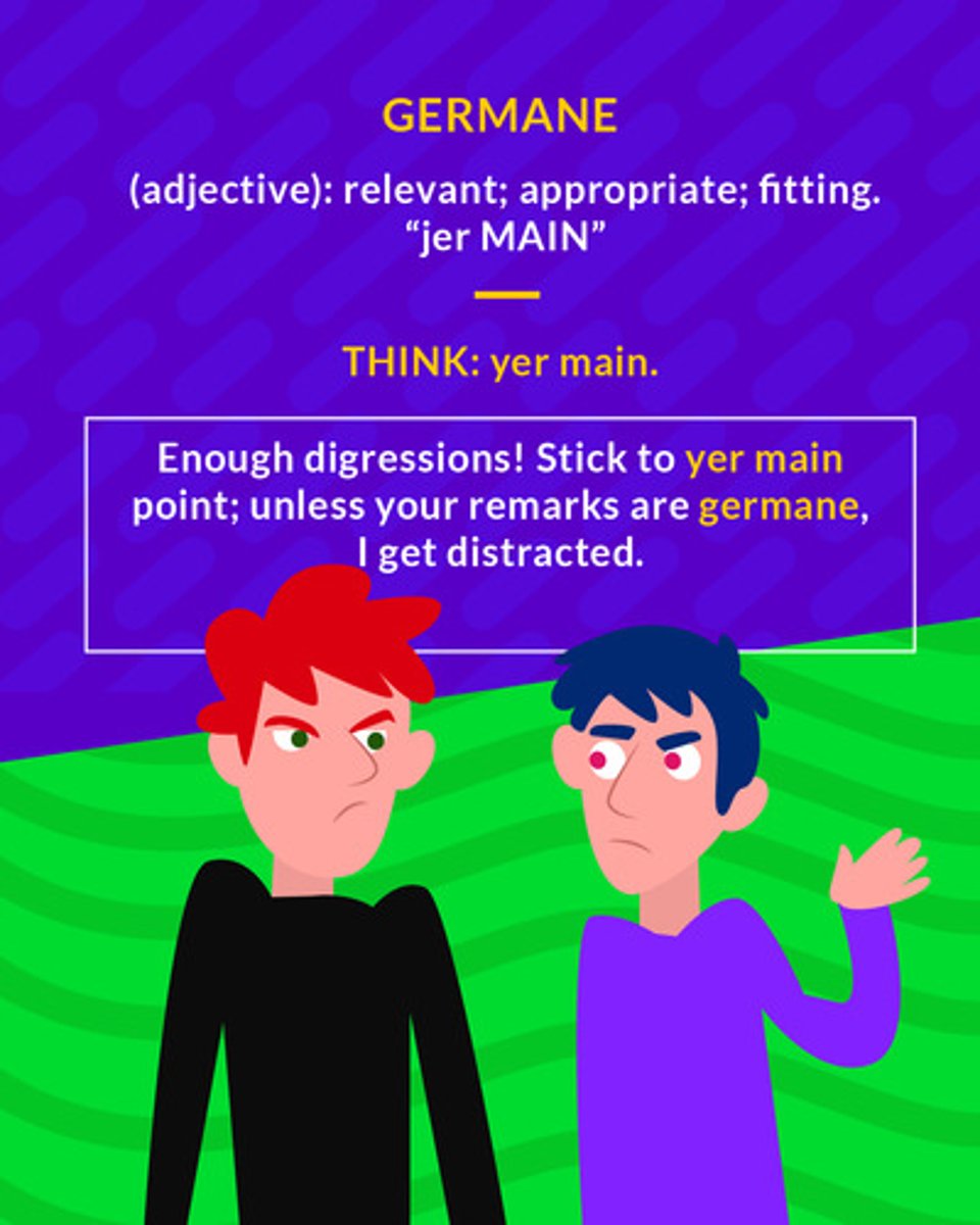 <p>(adj.) relevant, appropriate, apropos, fitting</p><p>(adj.) relevant; fitting</p>