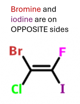 <p>when the atom/group with the highest atomic number on each carbon atom are <strong>on opposite sides</strong> (<span style="color: red">E</span>nemies)</p>