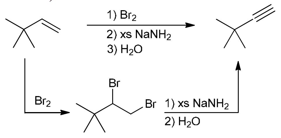 <p>2 Br are added across the double bond, breaking it, then NaNH2 removing the 2 Br atoms and forming an alkyne<br><br>If only Br2, add two Br across the alkene, change stereochemistry if chiral centers present<br><br>NaNH2 (extending alkynes): attacks terminal H of alkyne to leave radicals (2 e-), where R-X (R is whatever you want to add onto the alkyne and X is Br, or I)</p>