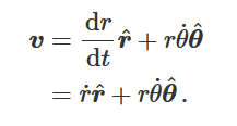 <ul><li><p><strong>v </strong>= d<strong>r</strong>/dt, written in polar coordinates this becomes <strong>v</strong> = d/dt (r<strong>r^</strong>)</p></li><li><p>using product rule we get:</p></li></ul><p><strong>v</strong> $$=\frac{dr}{dt}$$ <strong>r^</strong> + r$$\frac{d}{dt}$$(<strong>r^</strong>)</p><ul><li><p>therefore we get: (see diagram)</p></li></ul><p></p><ul><li><p>the first term is the radial component of velocity, the second term is the tangential component (in direction of $$\theta$$^) and can be easily found by differentiating $$\frac{d}{dt}$$(<strong>r^</strong>) and showing it is $$\theta$$^ multiplied by $$\frac{d\theta}{dt}$$</p></li></ul><p></p>