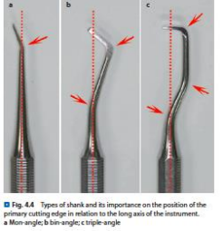 <p>Part of the instrument that connects the blade to the handle; may be STRAIGHT or ANGLED</p><p>Black classified instruments on the basis of the number of shank angle as:</p><p>STRAIGHT → Having no angle</p><p>MON - ANGLE → One angle</p><p>BIN - ANGLE → two angles</p><p>TRIPLE - ANGLE → Three angles</p>