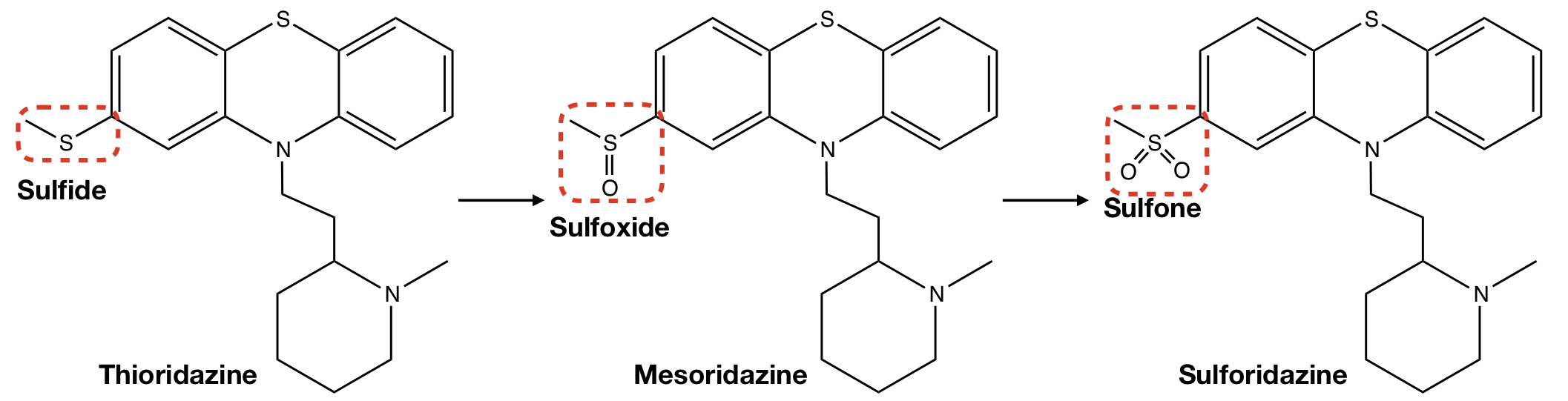 <p><strong>THIORIDAZINE</strong> TO <strong>MESORIDAZINE</strong> TO <strong>SULFORIDAZINE</strong></p>