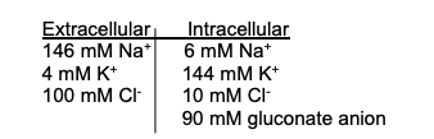 <p>. The ionic composition of intracellular and extracellular volumes is given below for a cell in the resting state</p><p>What is the equilibrium potential for Cl- in mV?</p><p>A) +100</p><p>B) + 80</p><p>C) + 60</p><p>D) - 60</p><p>E) - 80</p><p>F) -100</p>